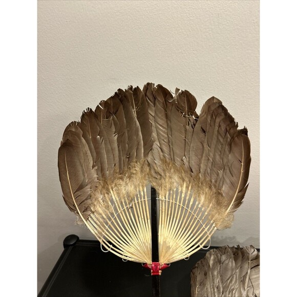 Vintage Asian Chinese Pien Mien Feather Fan Hand Fan Pair Set Of 2 Goose/duck? - Picture 7 of 14